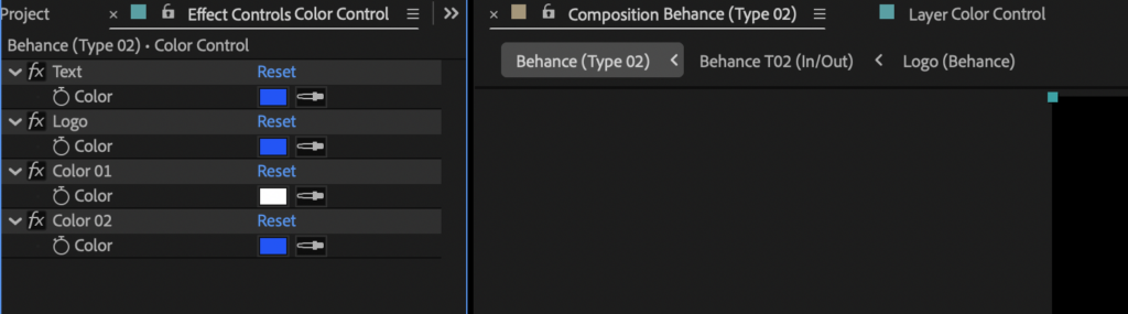 Screenshot showing the text color control layers for a template inside after effects