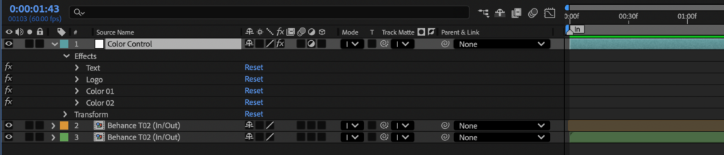 Screenshot showing the color control layer of a template inside after effects