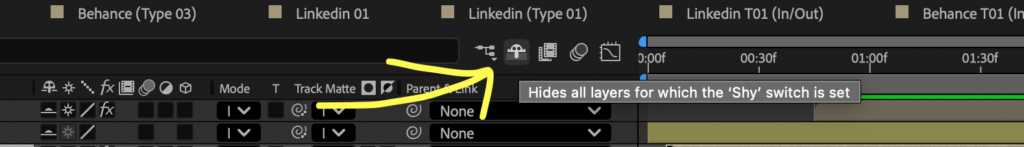 Screenshot showing the highlighted Shy switch with a yellow arrow pointing at it inside After Effects