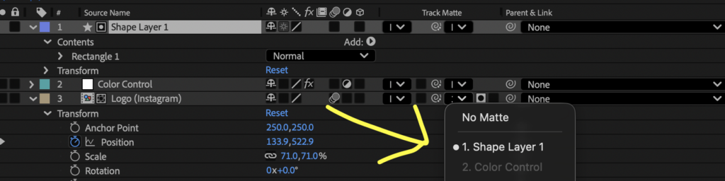 Screenshot showing a shape layer on a timeline, with the track matte set to shape layer 1