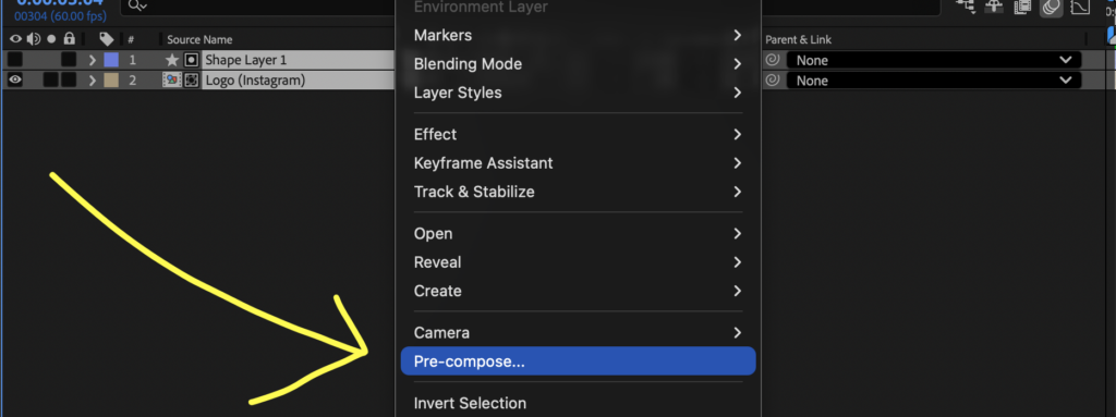 Screenshot showing the pre-compose option highlighted in a layer drop-down menu