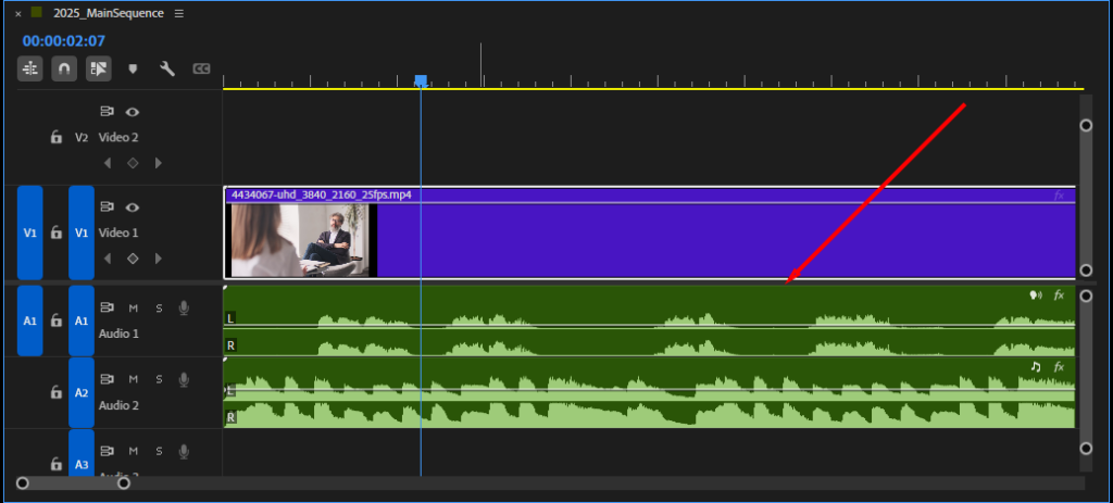  Premiere Pro's Timeline, showing two imported audio clips.