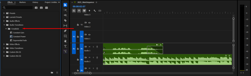  Premiere Pro's Effects panel, highlighting the different crossfade audio transitions.
