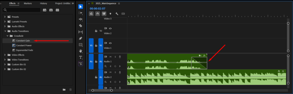 Premiere Pro's Constant Gain crossfade transition and what it looks like when applied to an audio clip in the Timeline.