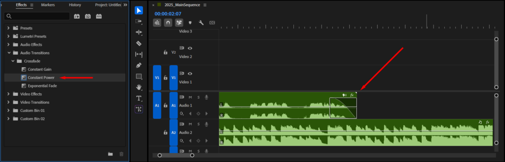  Premiere Pro's Constant Power crossfade transition and what it looks like when applied to an audio clip in the Timeline.