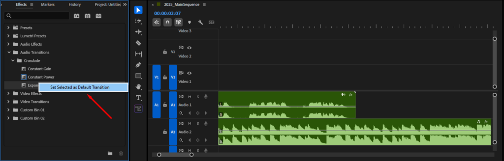  A screenshot showing how to right-click one of the audio transitions to find the "Set Selected as Default Transition" setting.