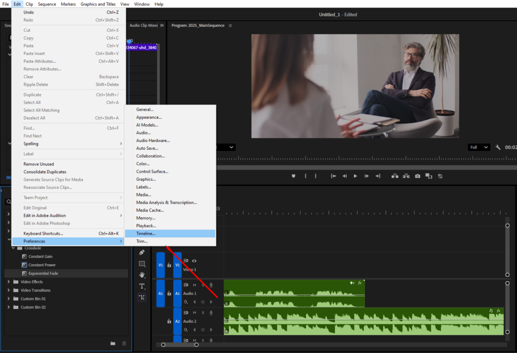 Premiere Pro's Edit context menu, highlighting where to find the Preferences > Timeline... options.