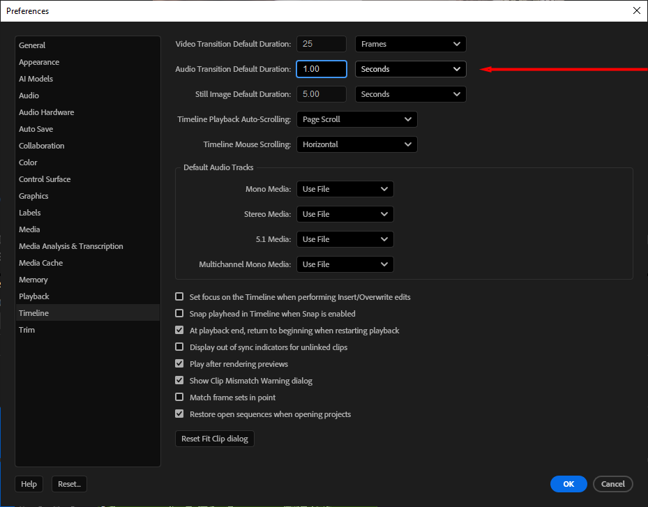  Premiere Pro's Timeline preferences window, showing where to find the Audio Transition Default Duration option.
