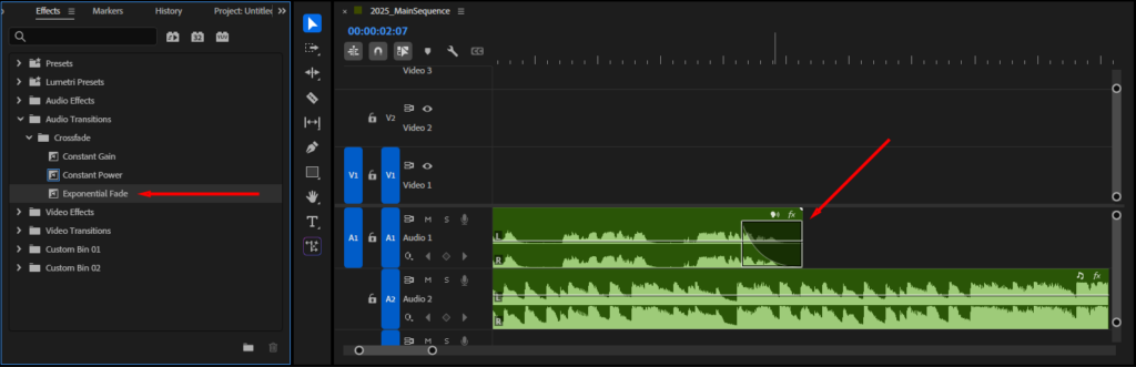 Premiere Pro's Exponential Fade crossfade transition and what it looks like when applied to an audio clip in the Timeline.
