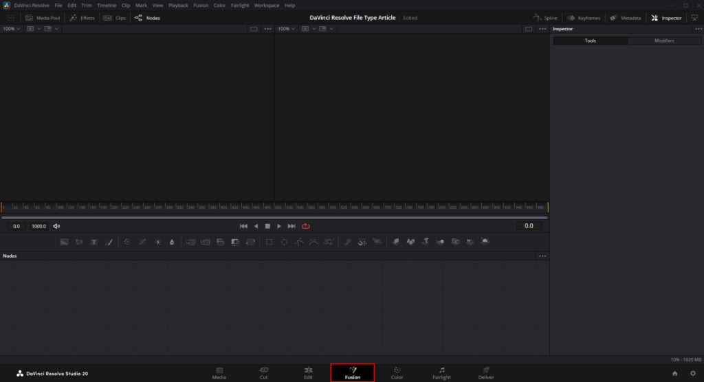 DaVinci Resolves interface, highlighting the Fusion tab.