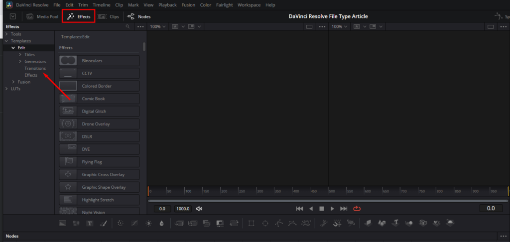 A screenshot showing where to find the Effects panel and list of transitions.