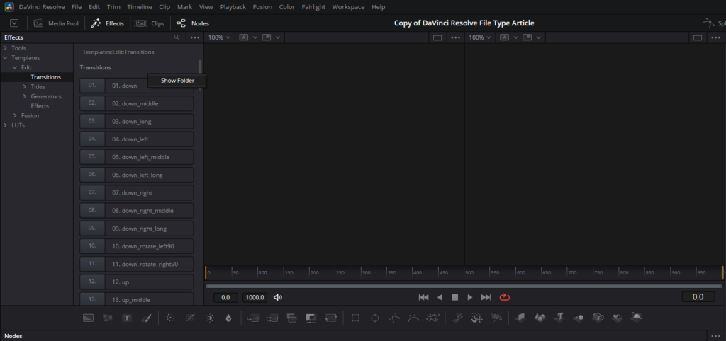 A screenshot of DaVinci Resolve's Effects tab, highlighting the Show folder option.