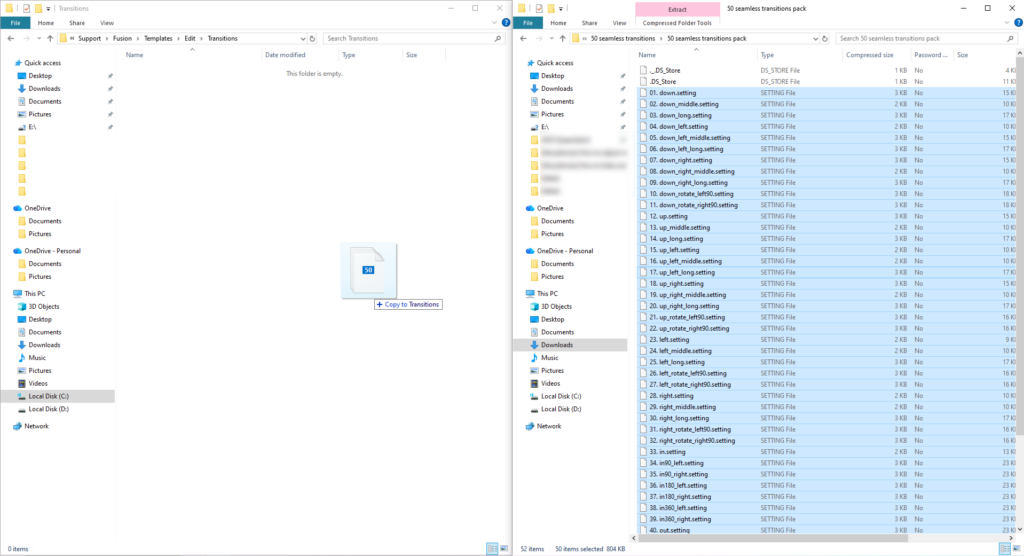 A screenshot of the Windows file explorer, showing the process of dragging the transition files into Resolve's project folder.