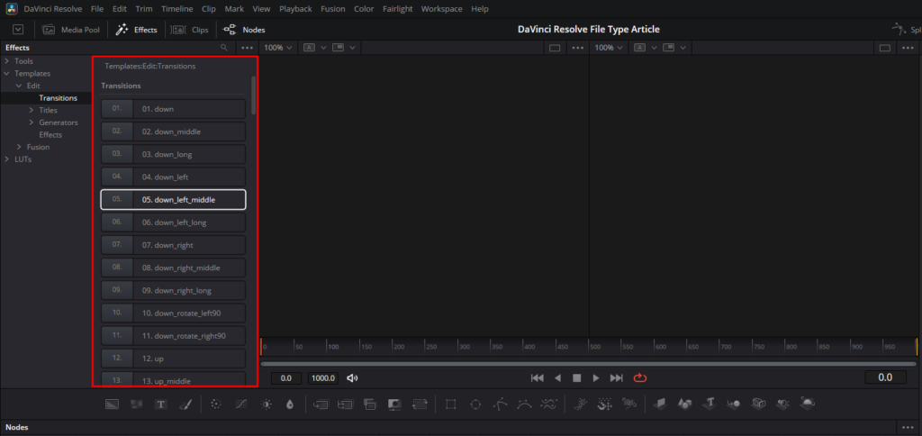 DaVinci Resolve's transitions window, showing all of the new transitions easily accessible.