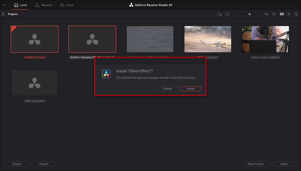 DaVinci Resolve's Project window, showing the pop-up box that'll appear when you double-click the .drfx file.