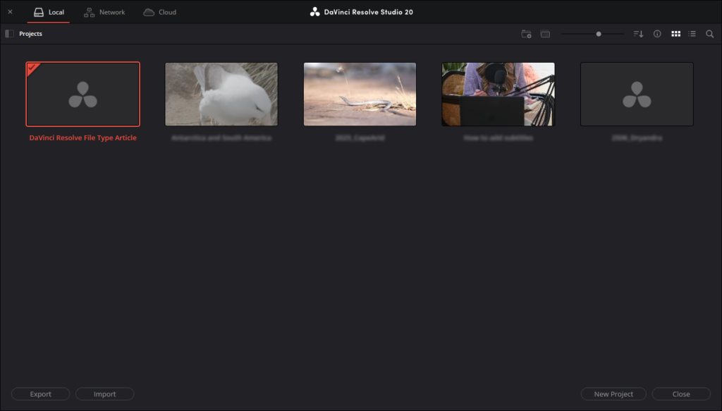 DaVinci Resolve's Project window.