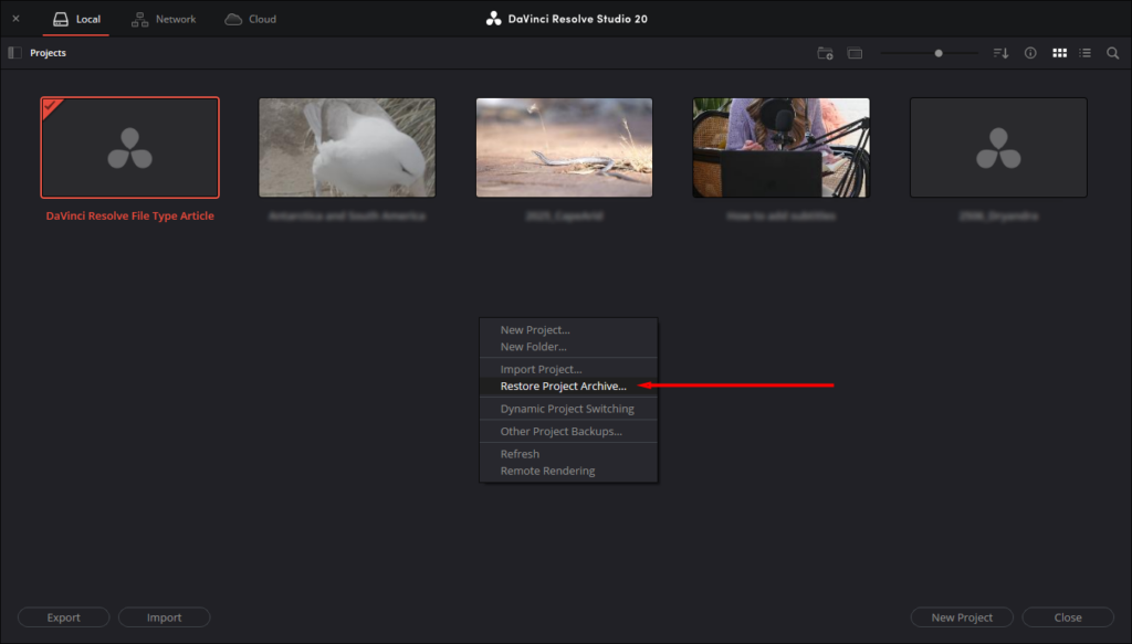 DaVinci Resolve's Project window, showing where to select the Restore Project Archive option.