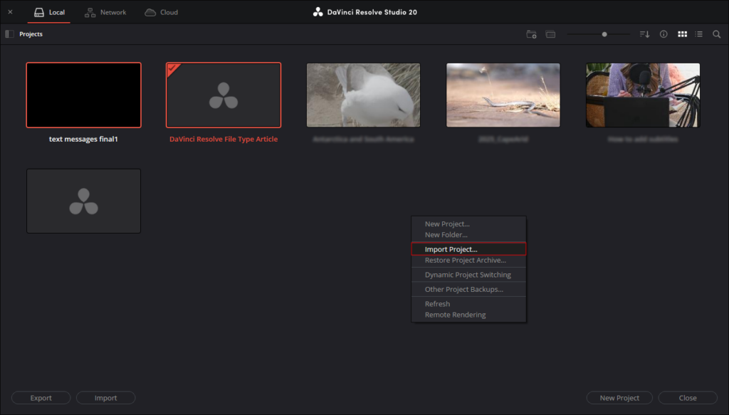 DaVinci Resolve's Project window, showing the Import Project option.