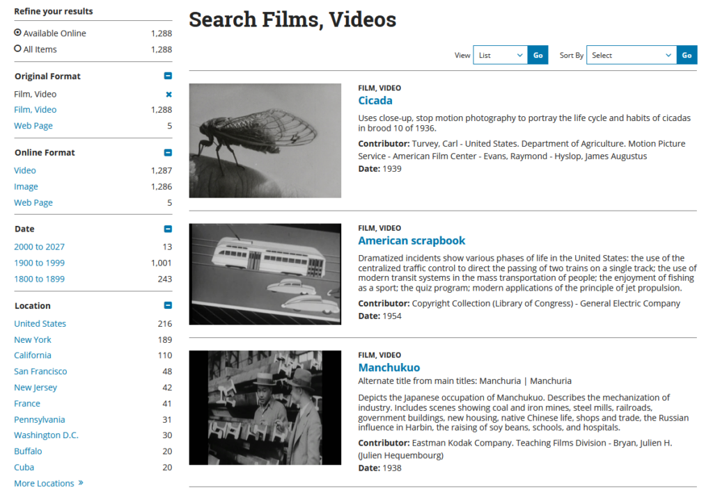 A screenshot of the Library of Congress' National Screening Room archives.