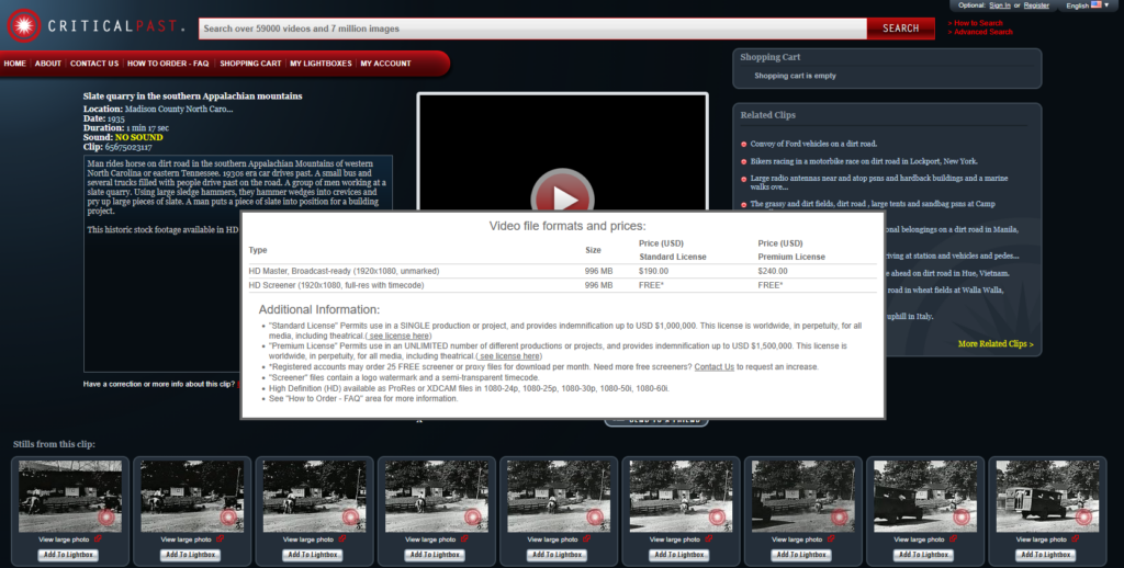 Example footage from the CriticalPast library, showing the licensing options available.