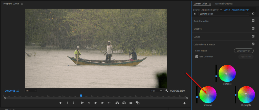Adobe Premiere Pro's Color Match feature inside the Lumetri Color panel, showing how you can match colors between two shots.