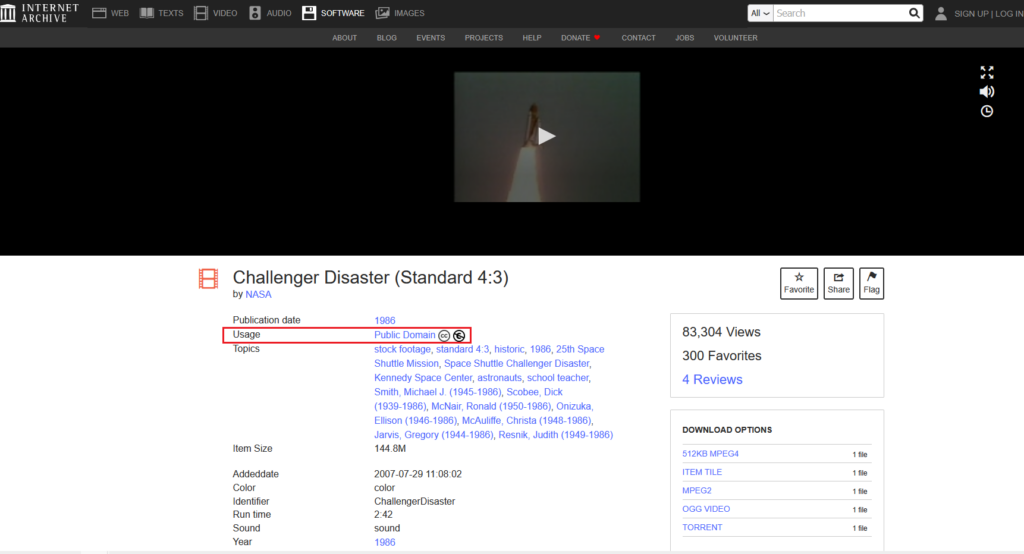 A screenshot from the Internet Archive, showing a clip of the Challenger Disaster with the "usage" tag listed as public domain, meaning it can be used in any project.