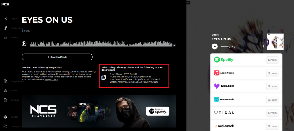 Screenshot of the NCS music website showing the track “EYES ON US” by 2frers, with a waveform player, download button, usage instructions, music-platform streaming options, and promotional artwork.