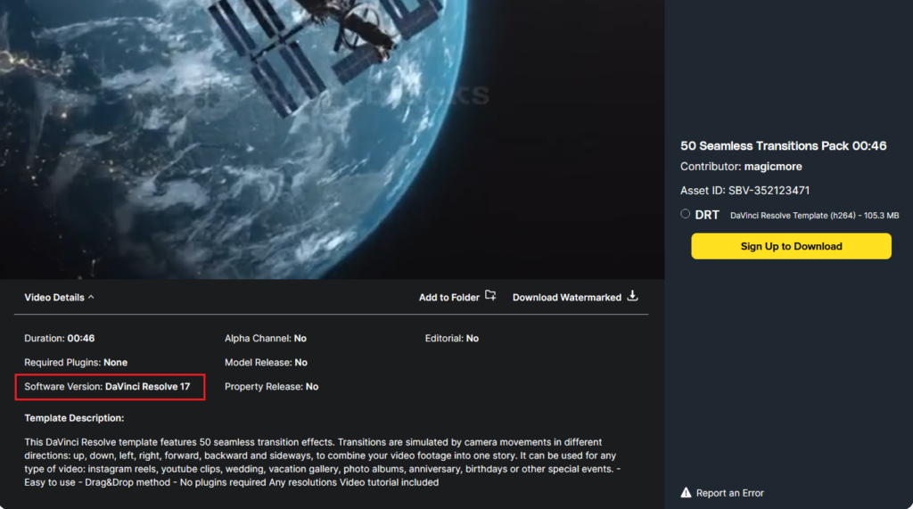 A screenshot showing where to check the software version of a template found on the Storyblocks library.