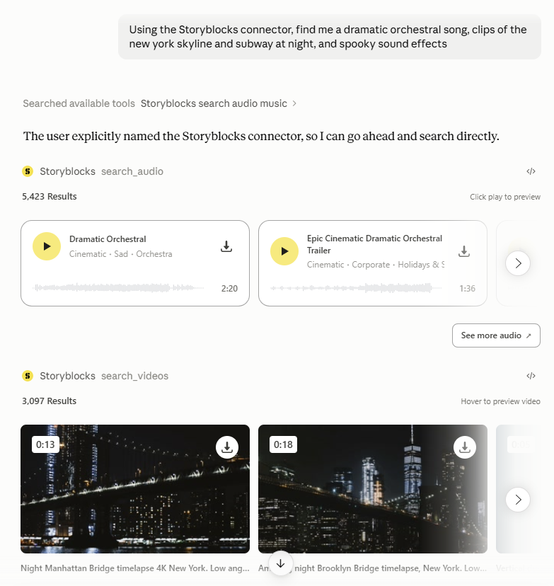 Screenshot showing a conversation in Claude using the Storyblocks MCP to run multiple library searches at once