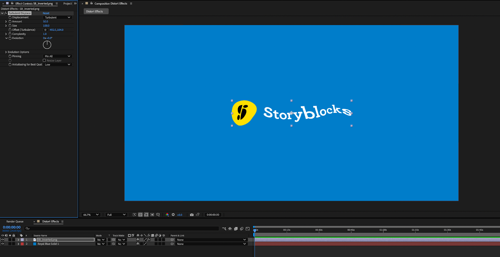 Screenshot showing After Effects with the Storyblocks logo with the turbulent displace effect applied