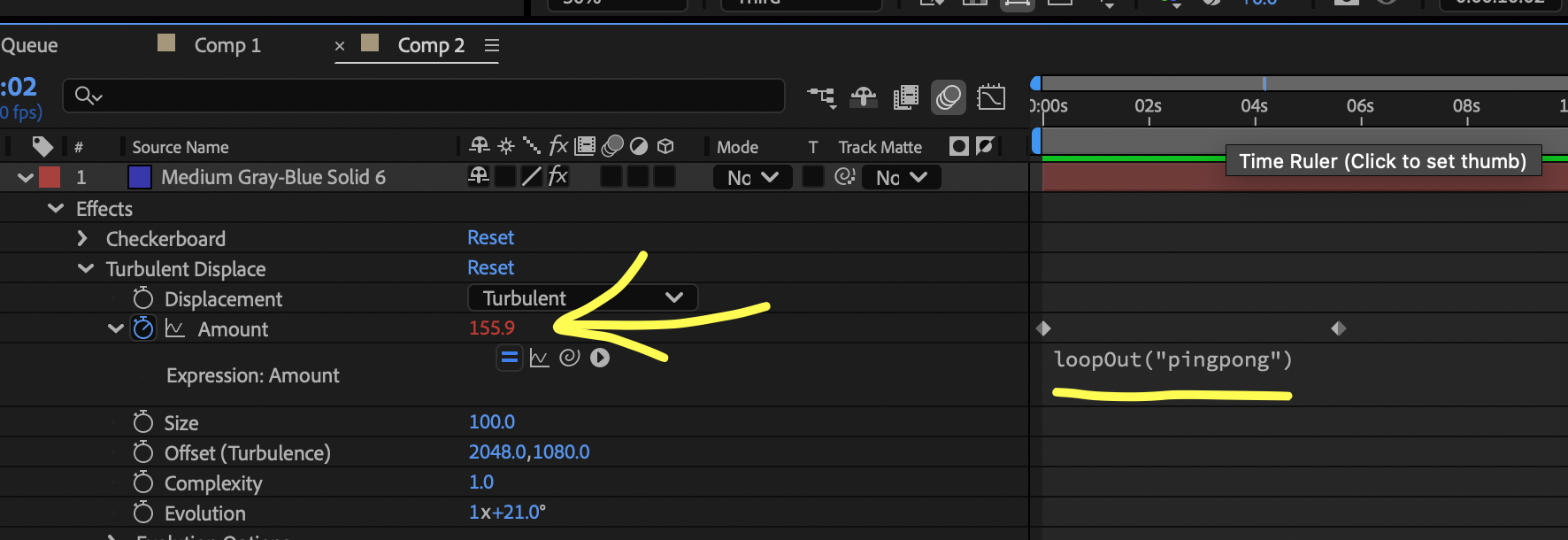 Screenshot showing a turbulent displace effect with two amount keyframes applied (yellow arrow) along with a loopout pingpong expression (yellow underline).